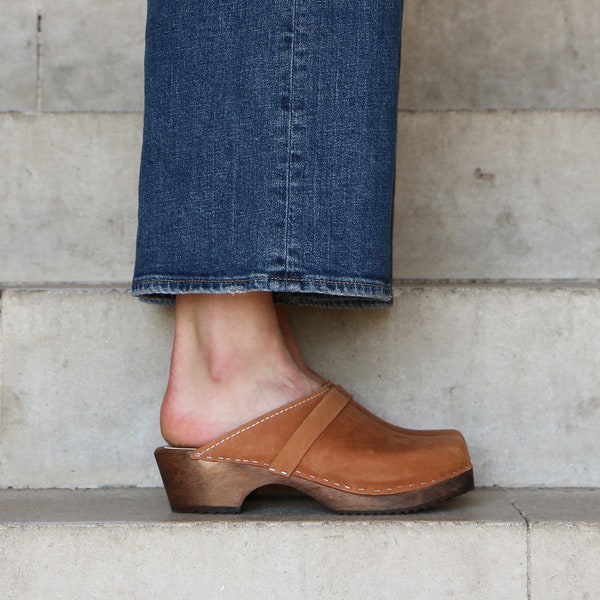 Swedish Clogs Sweden Classic Brown Oiled Nubuck Leather by Lotta from Stockholm Wooden Clogs Mules Low Heel made in Sweden