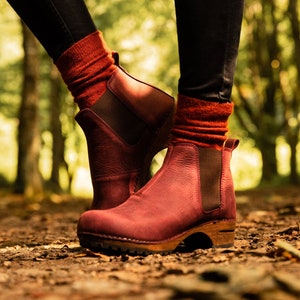 Lotta's Jo Clog Boot in Bordeaux Soft Oil Leather by Lotta from Stockholm / Wooden Clogs / High Heel / Shoes / Clogs / Boots