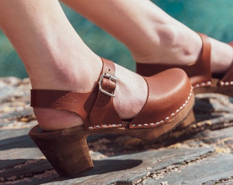 Swedish Clogs Highwood Cinnamon Leather by Lotta from Stockholm / Wooden Clogs / High Heel Mary Jane / Sweden / lottafromstockholm