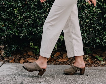 Swedish Clogs High Heel Classic Taupe Oiled Nubuck Leather by Lotta from Stockholm / Wooden / Mules / Shoes / Sweden / lottafromstockholm