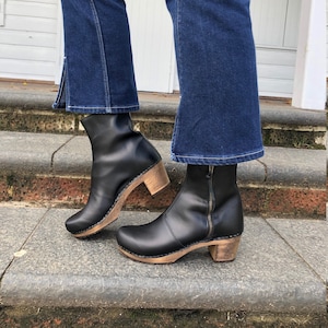 Womens Winter Boots ankle Boots Lotta's Emma Clog Boots in Black Leather by Lotta from Stockholm / Wooden Clogs / Womens High Heels