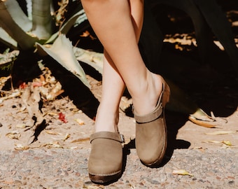 Swedish Clogs Classic Taupe Oiled Nubuck Leather With Strap by Lotta from Stockholm Wooden Clogs Handmade Leather Mules lottafromstockholm