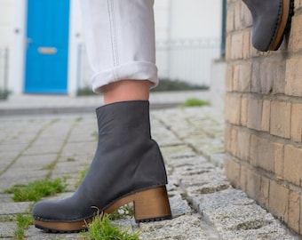 Lotta's Britt Womens Winter Boots / Clog Boots in Charcoal Leather by Lotta from Stockholm / Wooden Clogs / Womens High Heels