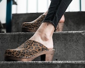 Swedish Clogs High Heel Classic Leopard Leather by Lotta from Stockholm Wooden Scandinavian Mules Shoes Sweden clog sandals