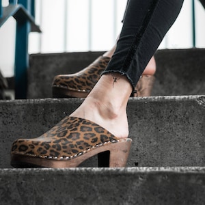 Leopard Print Womens High Heels Classic Clogs with brown wooden clogs base.