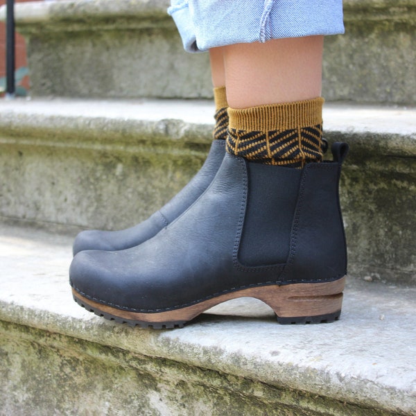 Womens Winter Boots Ankle Boots Lotta's Jo Clog Boots in Black Soft Oil Leather by Lotta from Stockholm / Wooden Clog Boots