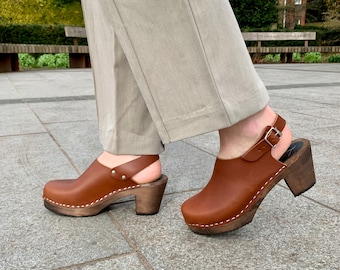 Swedish Clogs Lotta Slingback Cinnamon Leather by Lotta from Stockholm Wooden Clogs Handmade Womens High Heels Sweden lottafromstockholm