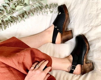 Swedish Clogs Lotta Sling Black Leather by Lotta from Stockholm / Wooden Clogs / Handmade / High Heel Shoes / Sweden / lottafromstockholm