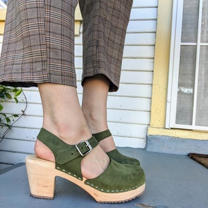 Swedish Clogs Sweden Highwood Green Oiled Nubuck Leather by Lotta from Stockholm Wooden Clogs / High Heel / Mary Jane / lottafromstockholm