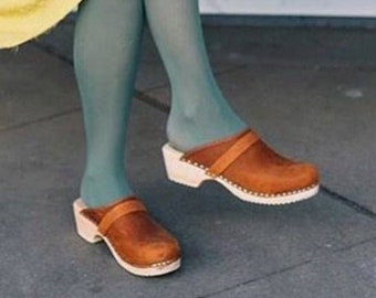 Swedish Clogs Womens Mules Classic Brown Oiled Nubuck Leather by Lotta from Stockholm Scandinavian Wooden Clogs handmade in Sweden
