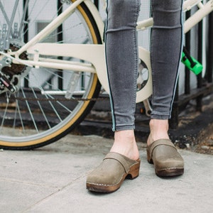 Swedish Clogs Classic Taupe Oiled Nubuck Leather by Lotta from Stockholm / Wooden / Handmade / Mules / Low Heel /  lottafromstockholm