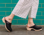 Swedish Clogs Sweden Classic Black Leather With Strap Lotta from Stockholm Wooden Clogs Handmade Mules Low Shoes Sandals