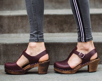 Swedish Clogs Highwood T-Bar Aubergine Leather by Lotta from Stockholm / Wooden Clogs / Sandals / High Heel / Mary Jane / lottafromstockholm