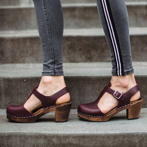 Swedish Clogs Highwood T-Bar Aubergine Leather by Lotta from Stockholm / Wooden Clogs / Sandals / High Heel / Mary Jane / lottafromstockholm image 1