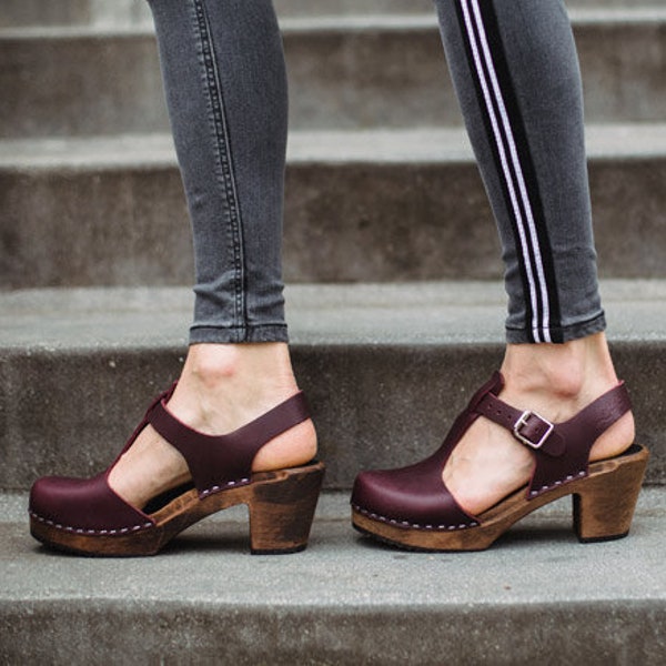 Swedish Clogs Highwood T-Bar Aubergine Leather by Lotta from Stockholm / Wooden Clogs / Sandals / High Heel / Mary Jane / lottafromstockholm