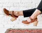 Swedish Clogs Sweden Highwood Brown Oiled Nubuck Leather by Lotta from Stockholm Wooden Clogs High Heel Mary Jane Shoes