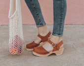 Swedish Clogs Low Wood Brown Oiled Leather by Lotta from Stockholm Wooden Clogs Sandals Low Heel Mary Jane Shoes