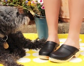 Swedish Clogs Classic Black Leather by Lotta from Stockholm Wooden Handmade Scandinavian Mules Unisex Mens Womens Sweden