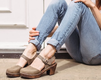 Swedish Clogs Highwood Taupe Oiled Nubuck Leather by Lotta from Stockholm / Wooden Clogs / Mary Jane Shoes / Sweden / lottafromstockholm