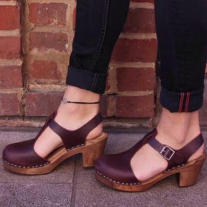 Swedish Clogs Highwood T-Bar Aubergine Leather by Lotta from Stockholm / Wooden Clogs / Sandals / High Heel / Mary Jane / lottafromstockholm image 4