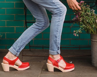 Swedish Clogs Womens High Heels / Highwood T-Bar Red Leather by Lotta from Stockholm / Wooden Clogs / Mary Jane Shoes / Scandanavian