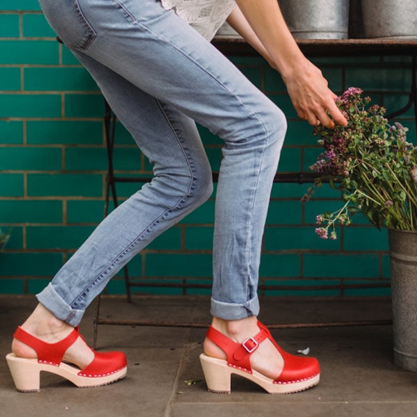 Swedish Clogs Womens High Heels / Highwood T-Bar Red Leather by Lotta from Stockholm / Wooden Clogs / Mary Jane Shoes / Scandanavian