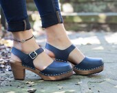 Swedish Clogs Highwood Navy Brown Base Sole Leather by Lotta from Stockholm Wooden Clogs Summer Sandals High Heel Shoes Sweden