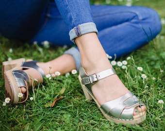 Womens Clogs High Heels Leather Sandals. Peep Toe Clogs in Silver PU Leather by Lotta from Stockholm Wooden Clogs handmade in Sweden