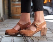 Swedish Clogs Highwood Brown Oiled Brown Base Leather Lotta from Stockholm Wooden Clogs High Heel Mary Jane Shoes Sweden