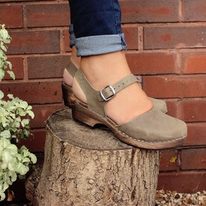 Swedish Clogs Low Wood Taupe Oiled Nubuck Leather by Lotta from Stockholm / Wooden / Sandals / Low Heel / Mary Jane / lottafromstockholm