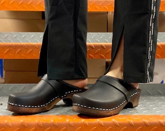 Women Black Leather Clogs Shoes Mules by Lotta from Stockholm Womens Low Heel Shoes Black Women Leather Mules Wooden Clog Handmade in Sweden