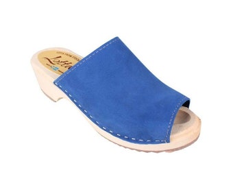 Womens Clogs Mules Berit Open in Lazuli Blue Oiled Nubuck Leather Clogs by Lotta from Stockholm Swedish Clogs Low Heels Handmade in Sweden