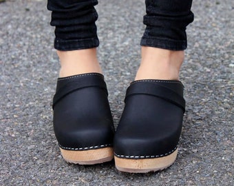 Swedish Clogs High Heel Classic Black Leather by Lotta from Stockholm / Wooden / Handmade / Mules / Women's / Sweden / lottafromstockholm
