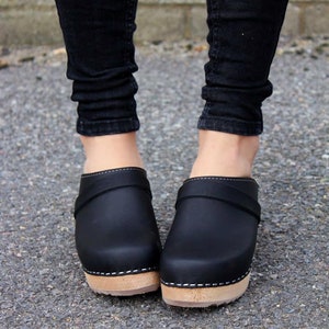 Swedish Clogs High Heel Classic Black Leather by Lotta from Stockholm. Wooden Clogs. Women's mules Handmade in Sweden. lottafromstockholm
