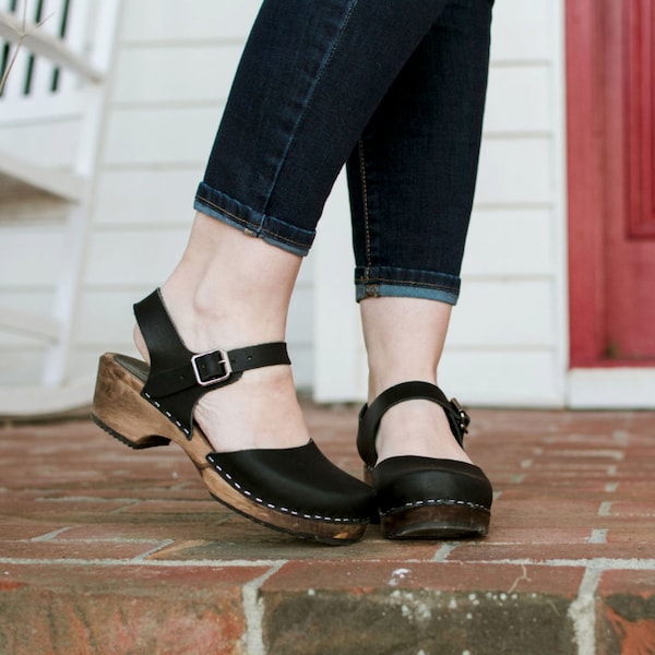 Swedish Clogs Sweden Low Wood Black Leather by Lotta from Stockholm / Wooden Clogs / Sandals / Low Heel / Mary Jane / lottafromstockholm