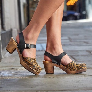 Leopard Print Womens Clogs Shoes Highwood High Heels Animal Print leather Sandals Lotta from Stockholm Handmade Scandinavian Mary Jane Shoes