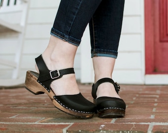 Swedish Clogs Sweden Low Wood Black Leather by Lotta from Stockholm / Wooden Clogs / Sandals / Low Heel / Mary Jane / lottafromstockholm