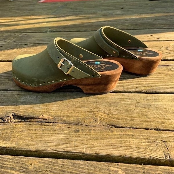 Swedish Clogs Classic Green Oiled Nubuck Leather with Strap by Lotta from Stockholm / Wooden / Handmade Mules / lottafromstockholm