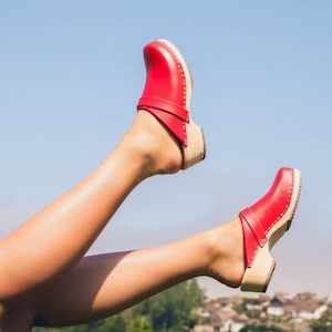 Womens Clogs Swedish Clog Sandals Red PU Coated Leather by Lotta from Stockholm Scandinavian Wooden Mules Low Heel Shoes Handmade in Sweden