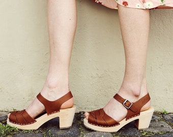 Swedish Clogs Peep Toe Sandals in Tan Leather by Lotta from Stockholm Scandinavian High Heels Wooden Clogs Made in Sweden