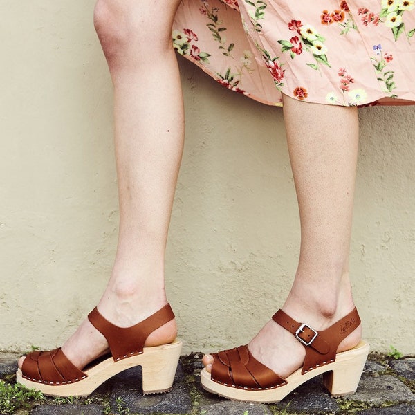 Swedish Clogs Peep Toe Sandals in Tan Leather by Lotta from Stockholm Scandinavian High Heels Wooden Clogs Made in Sweden