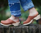 Swedish Clogs Classic Tan Leather by Lotta from Stockholm Wooden Clogs Handmade Mules Low Heel Shoes Scandinavian Unisex Mens