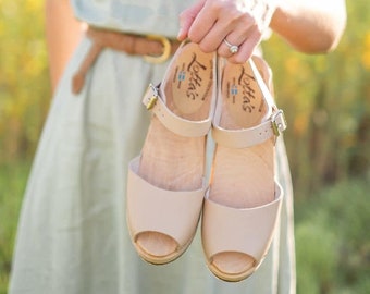 Wedding Sandals Bridal Shoes High Heels Highwood Open Toe Clogs in Nude Leather by Lotta from Stockholm perfect for Brides & Wedding Guests!