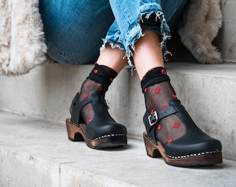 Swedish Clogs Sweden Low Wood TBar Black Leather by Lotta from Stockholm / Wooden Clogs / Low Heel / Mary Jane / lottafromstockholm