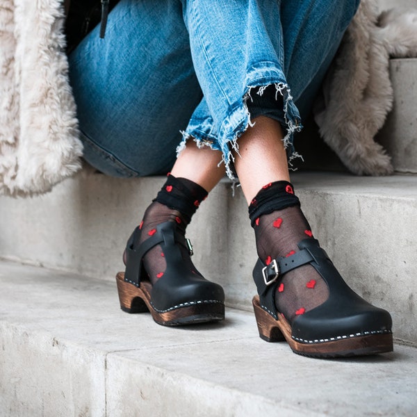 Swedish Clogs Sweden Low Wood TBar Black Leather by Lotta from Stockholm / Wooden Clogs / Low Heel / Mary Jane / lottafromstockholm