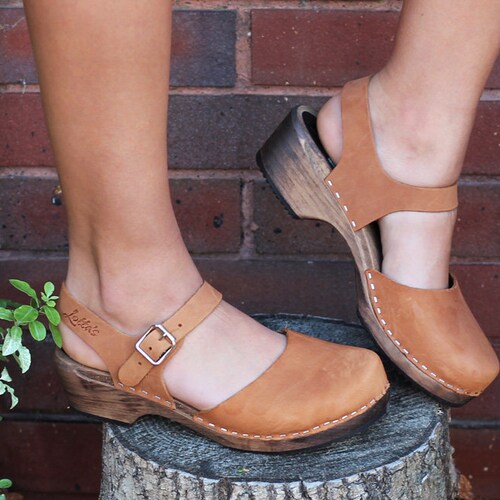 Lotta From Stockholm Low Wood Low Heel Clogs in Tan Leather Lotta From Stockholm Low Wood Low Heel Clogs in Tan Leather