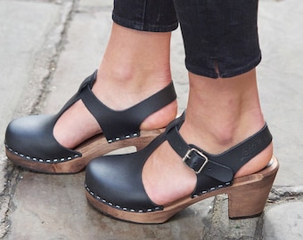 Swedish Clogs Sweden Highwood T-Bar Black Leather by Lotta from Stockholm / Wooden Clogs / Sandals / Mary Jane Shoes / lottafromstockholm