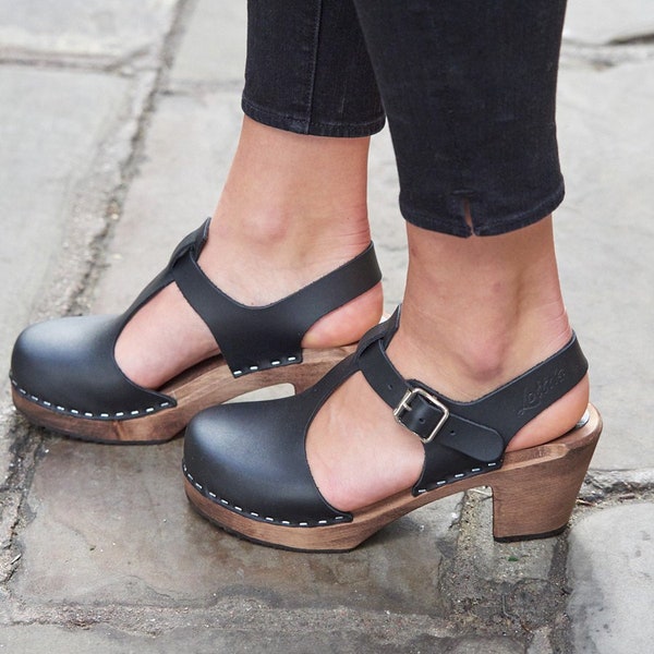 Swedish Clogs Sweden Highwood T-Bar Black Leather by Lotta from Stockholm / Wooden Clogs / Sandals / Mary Jane Shoes / lottafromstockholm