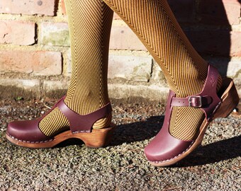 Swedish Clogs Low Wood Aubergine Leather by Lotta from | Etsy