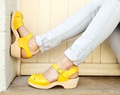 Swedish Clogs Low Peep Heel Yellow Leather clogs by Lotta from Stockholm Wooden Clogs Flat Open Sweden Handmade Shoes Clogs